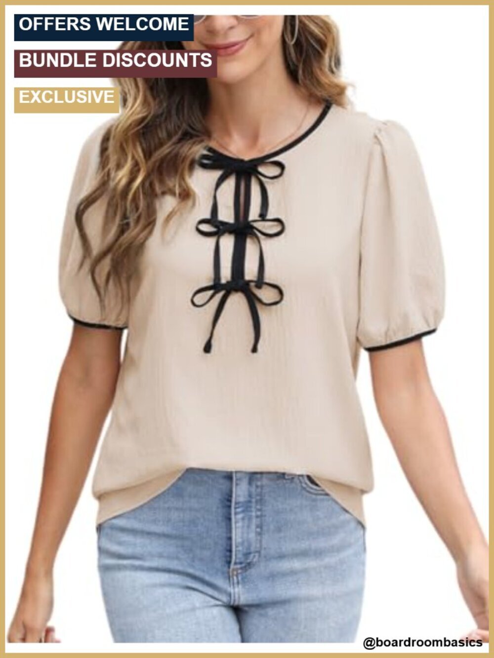 Tie Front Puff Sleeve Blouse - Stretchy Lightweight Color Block Top